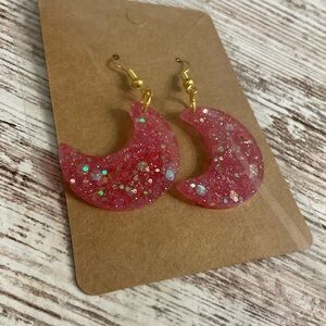 Pink Glitter Crescent Moon Earrings